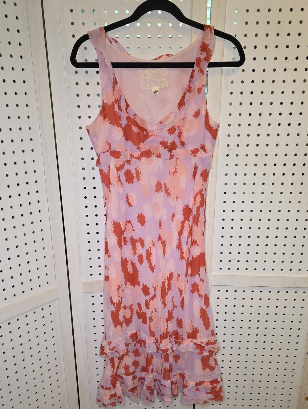 Deletta (Anthropologie) Pink and Rust Printed Sleeveless Midi Dress 8 100% Silk